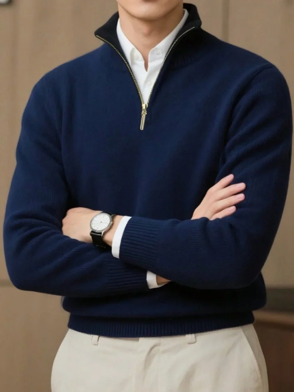 Navy Blue Casual Men's Stand Collar Zip-Up Sweater